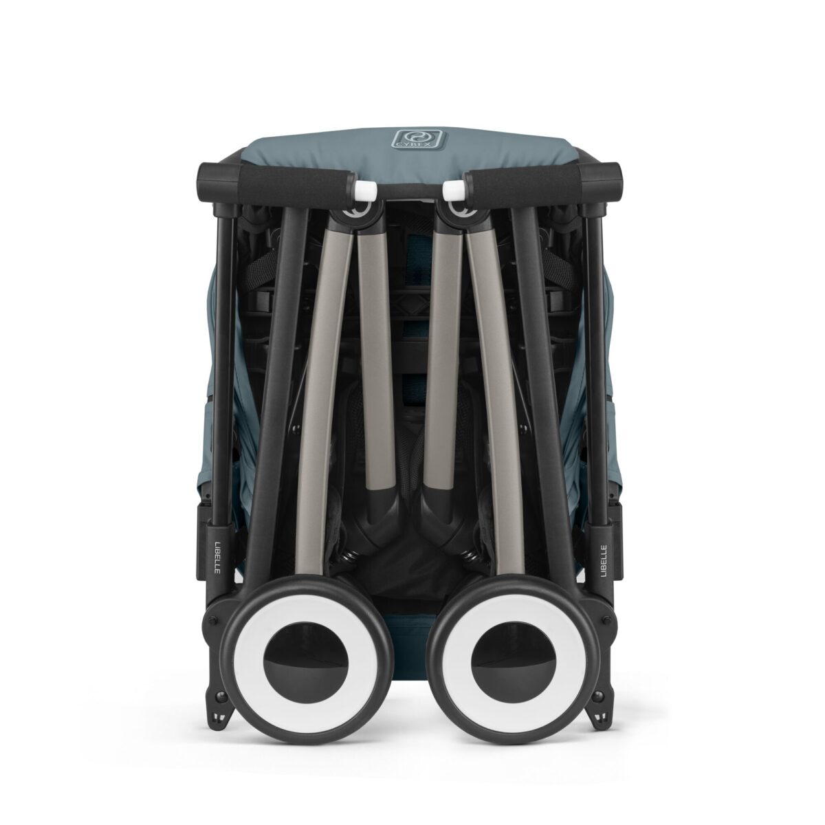 Folded Cybex Libelle stroller in Stormy Blue showcasing ultra-compact, travel-ready design and dual wheels.
