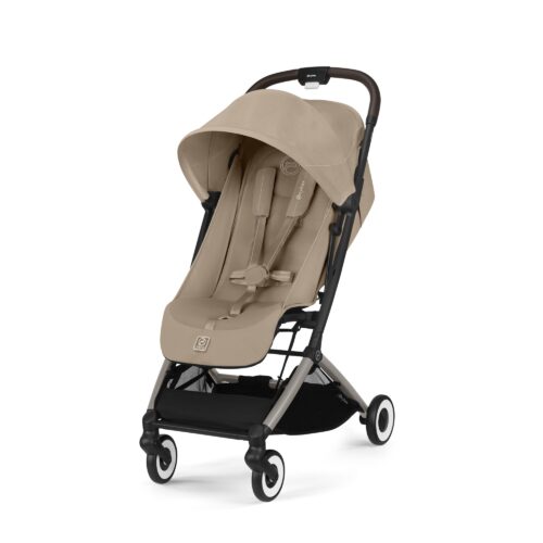 Cybex Orfeo stroller in Almond Beige, front view with large canopy and 5-point harness.