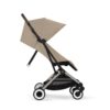 Side view of Cybex Orfeo stroller in Almond Beige, showcasing the extended canopy and reclining seat.