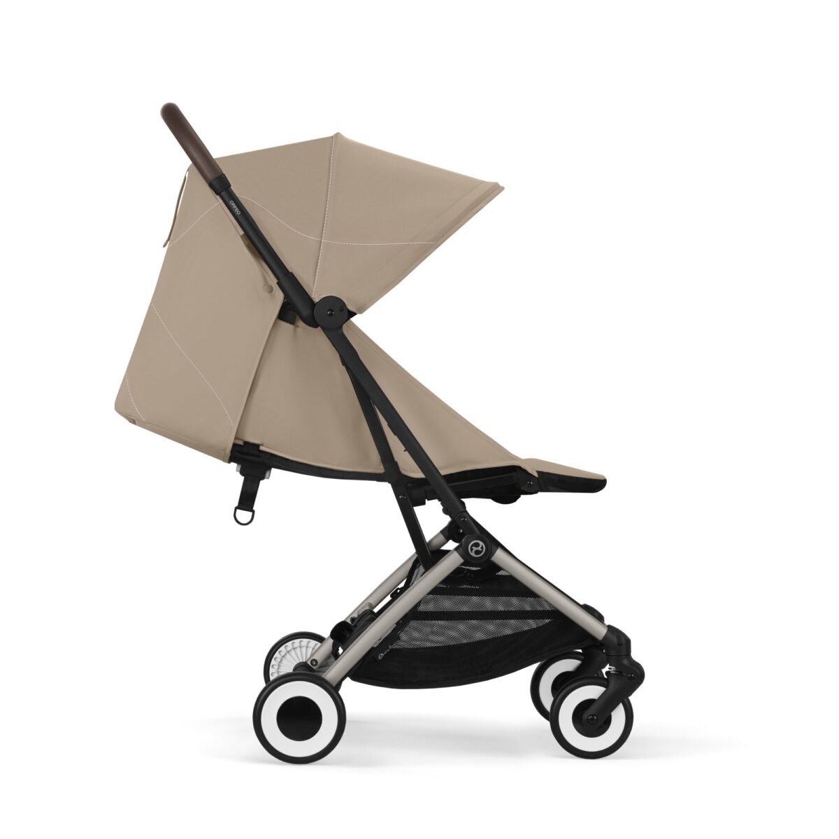 Side view of Cybex Orfeo stroller in Almond Beige with a compact design and mesh storage basket.