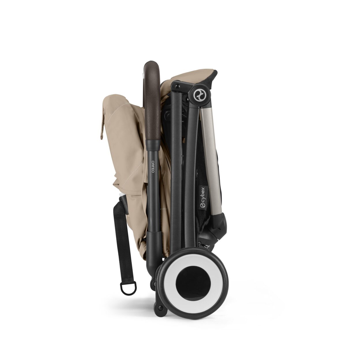 Cybex Orfeo stroller in Almond Beige, folded for easy storage with a compact profile.