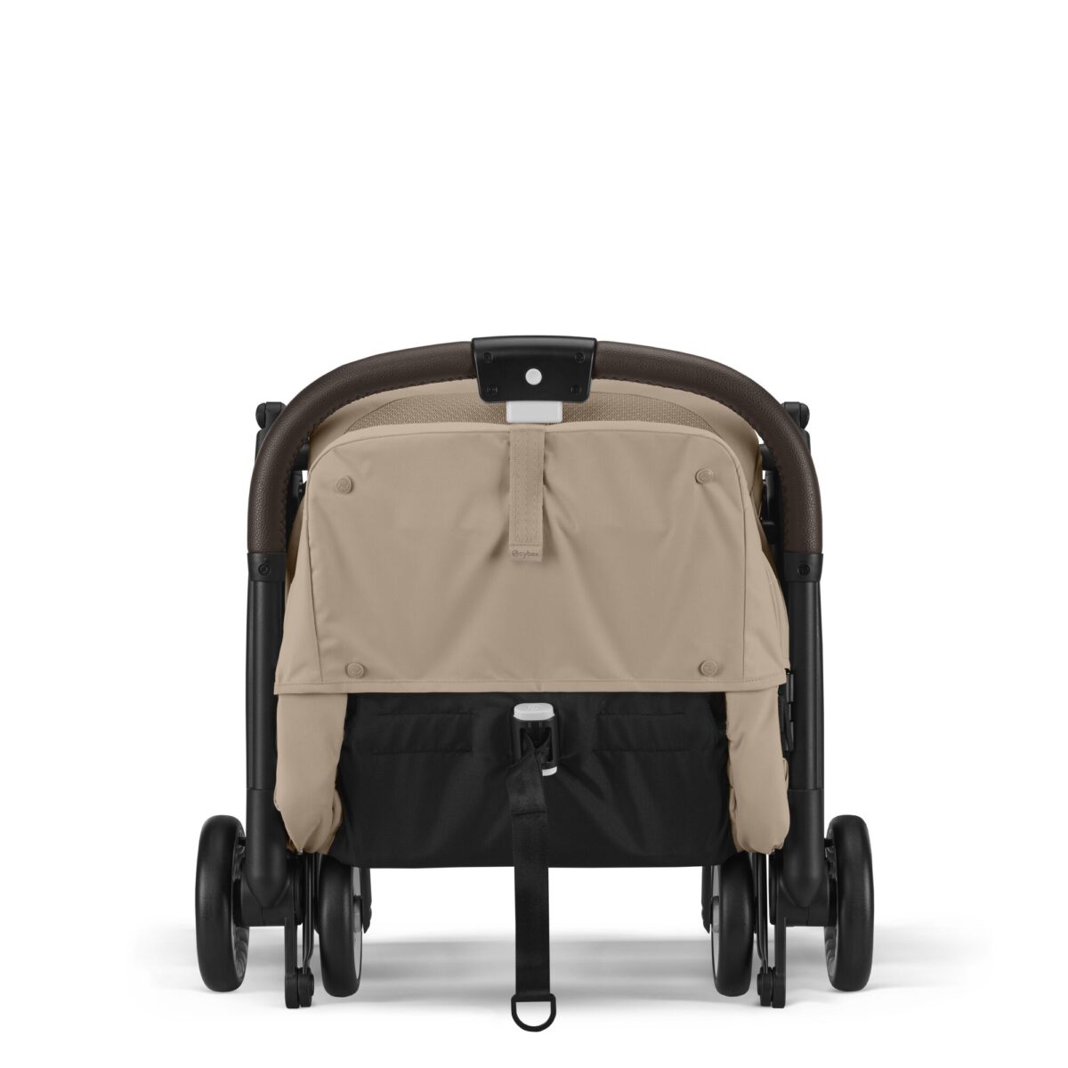 Back view of the Cybex Orfeo stroller in Almond Beige with a secured folding strap and reclined seat.