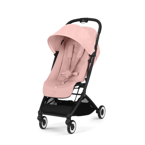 Cybex Orfeo stroller in Candy Pink, front view with large canopy and 5-point harness.