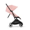 Side view of Cybex Orfeo stroller in Candy Pink, showcasing the extended canopy and reclining seat.