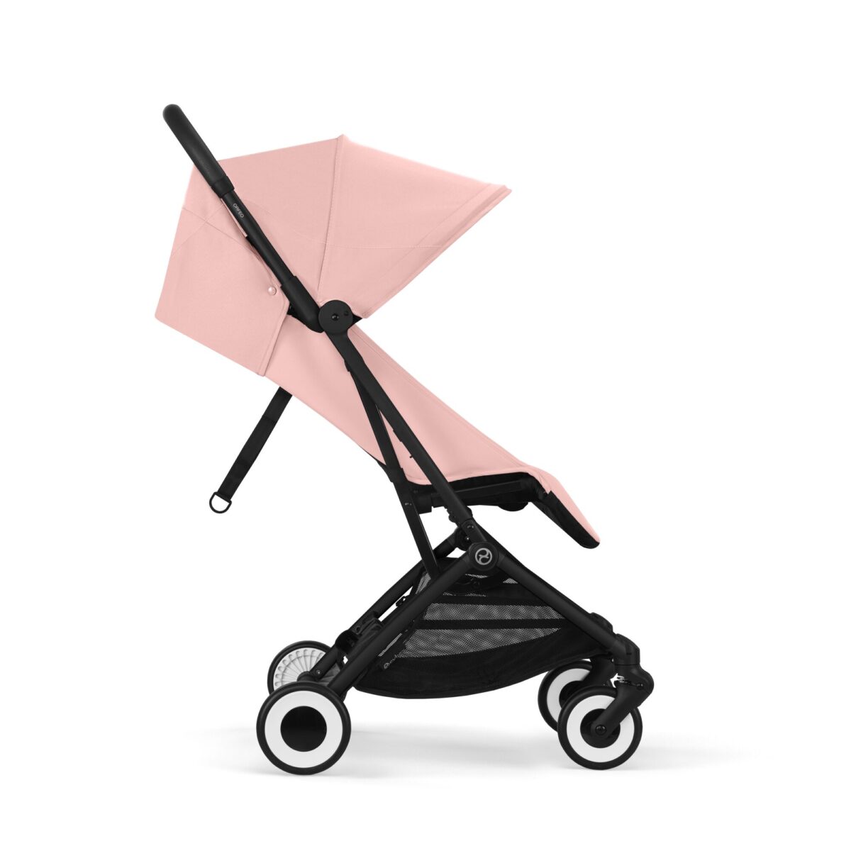 Side view of Cybex Orfeo stroller in Candy Pink, showcasing the extended canopy and reclining seat.