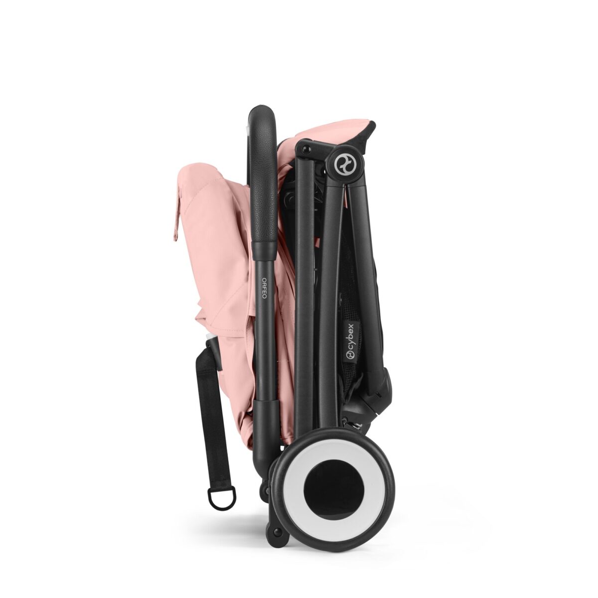 Cybex Orfeo stroller in Candy Pink, folded for easy storage with a compact profile.