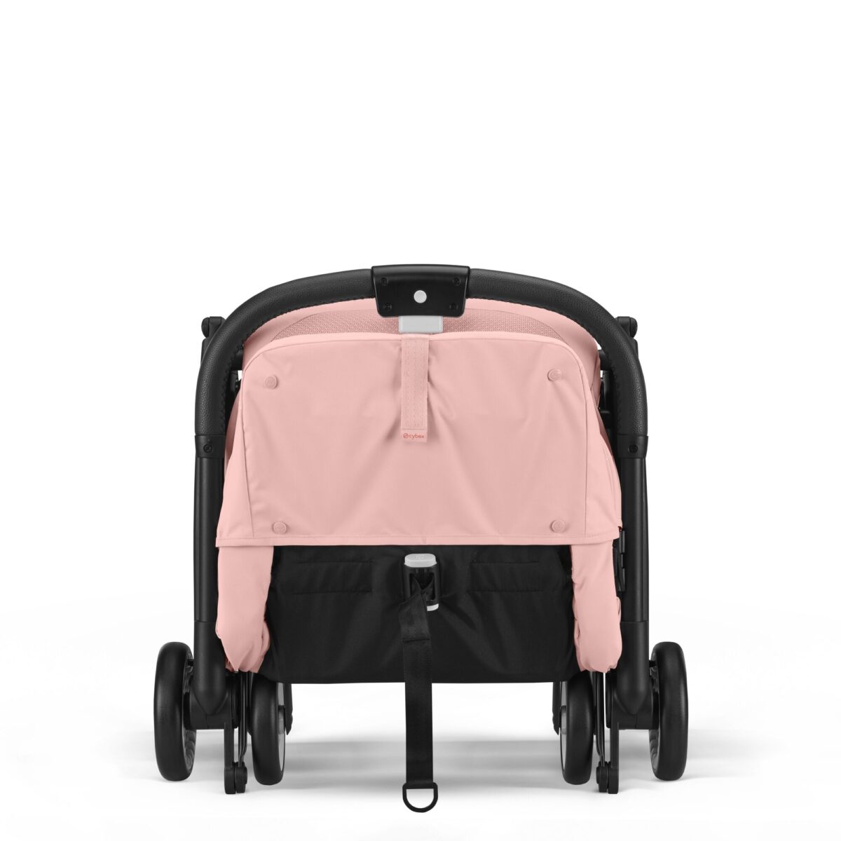 Back view of the Cybex Orfeo stroller in Candy Pink with a secured folding strap and reclined seat.