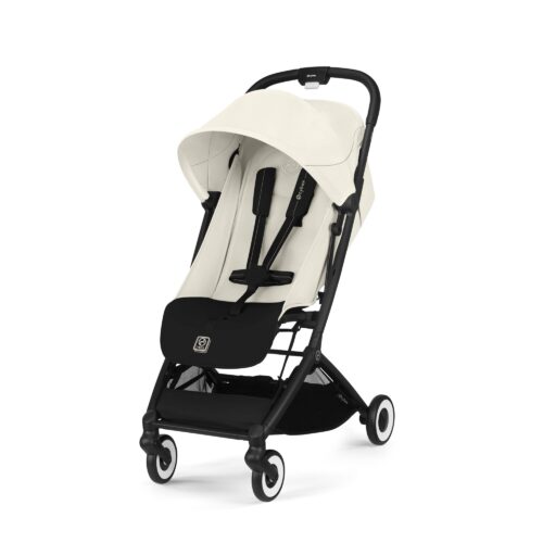Cybex Orfeo stroller in Canvas White, front view with large canopy and 5-point harness.