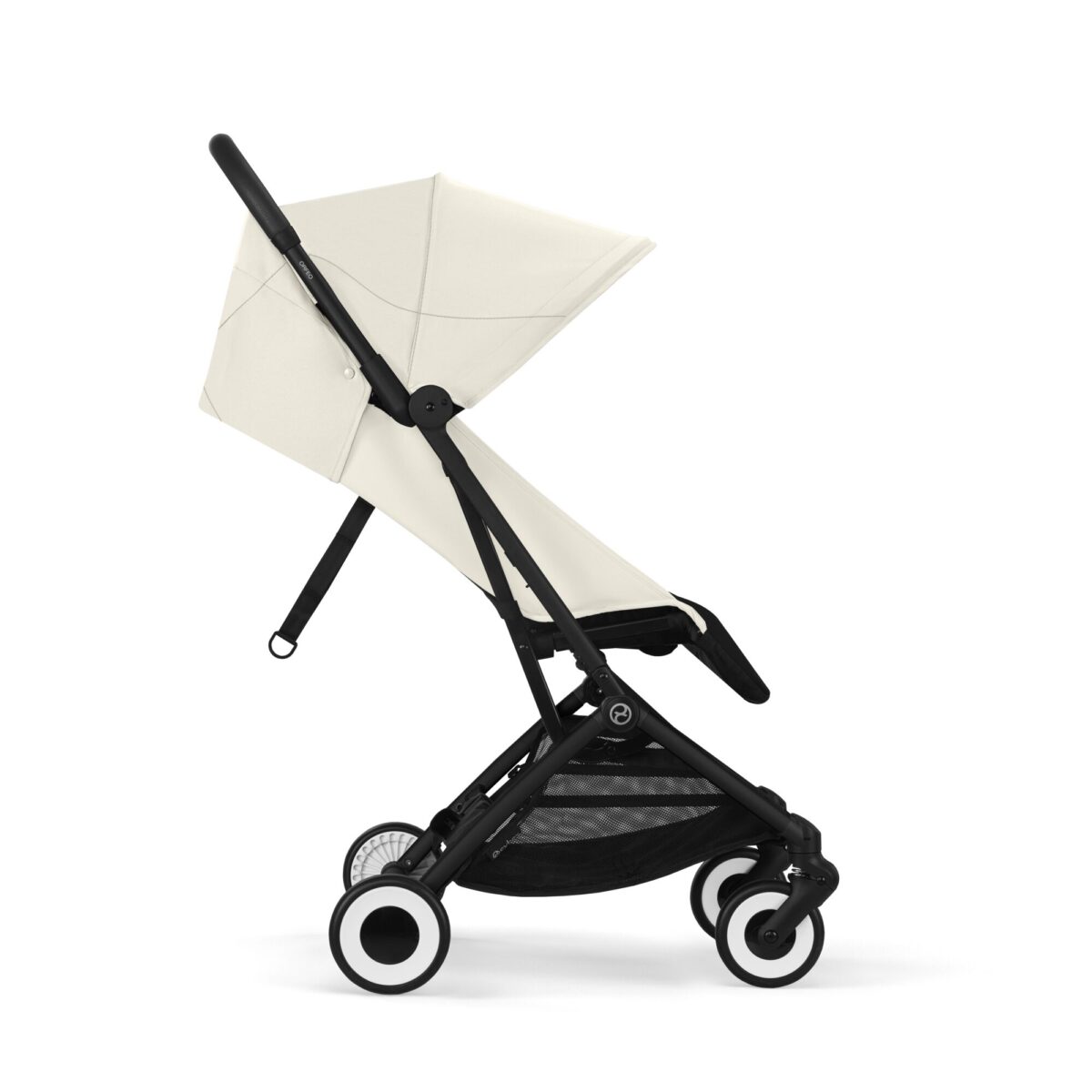 Side view of Cybex Orfeo stroller in Canvas White, showcasing the extended canopy and reclining seat.
