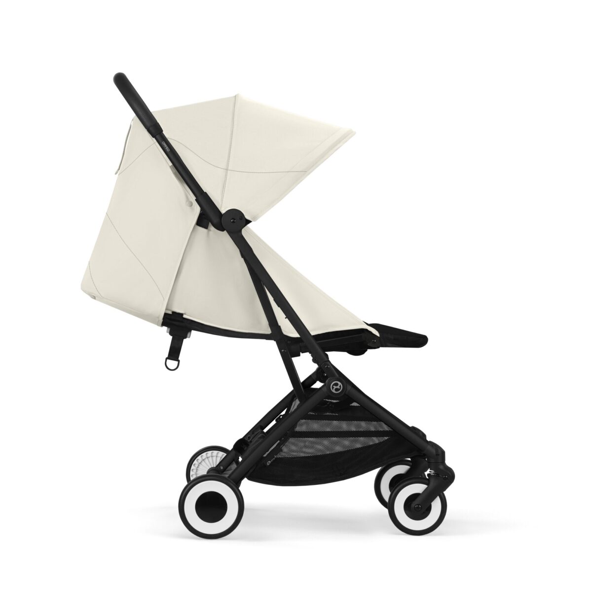 Side view of Cybex Orfeo stroller in Canvas White with a compact design and mesh storage basket.