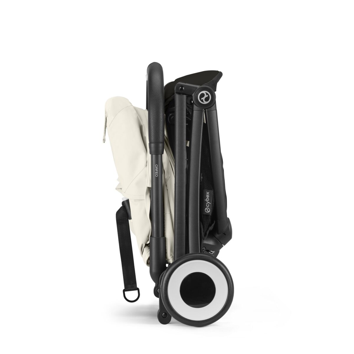 Cybex Orfeo stroller in Canvas White, folded for easy storage with a compact profile.