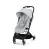 Cybex Orfeo stroller in Fog Grey, front view with large canopy and 5-point harness.