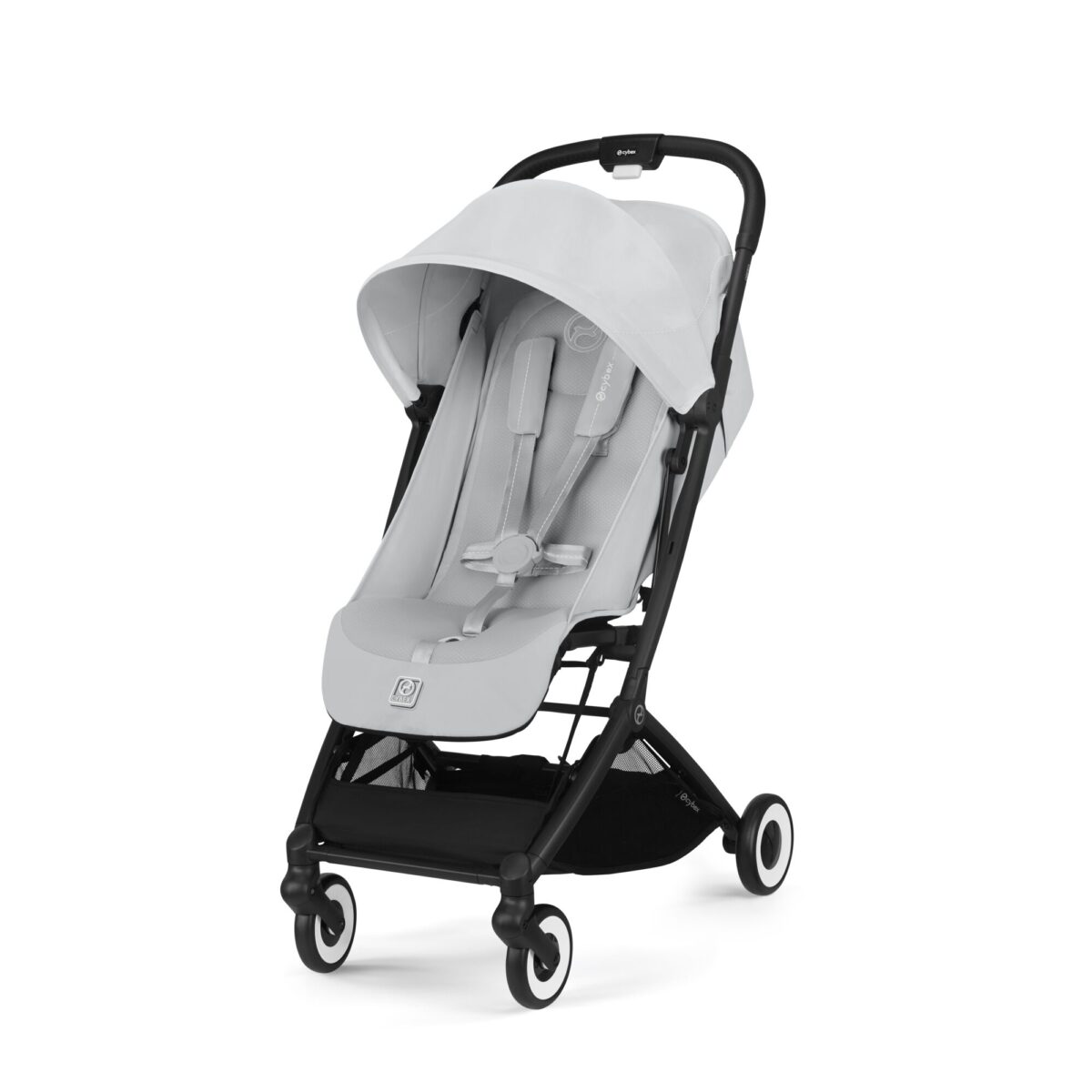 Cybex Orfeo stroller in Fog Grey, front view with large canopy and 5-point harness.