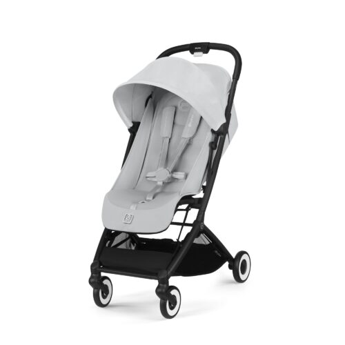 Cybex Orfeo stroller in Fog Grey, front view with large canopy and 5-point harness.