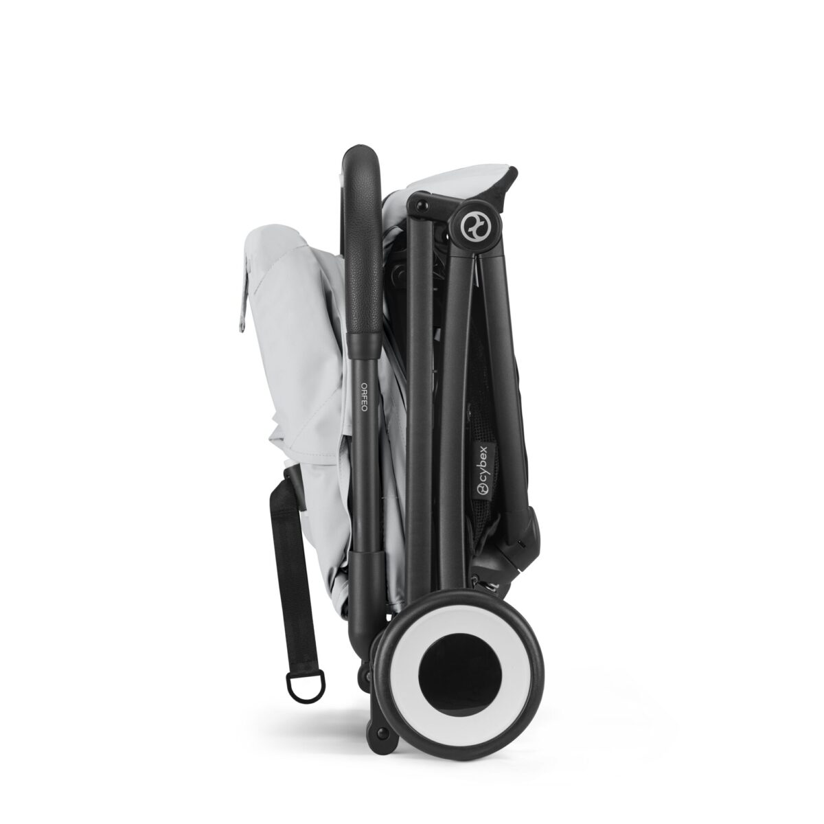Cybex Orfeo stroller in Fog Grey, folded for easy storage with a compact profile.