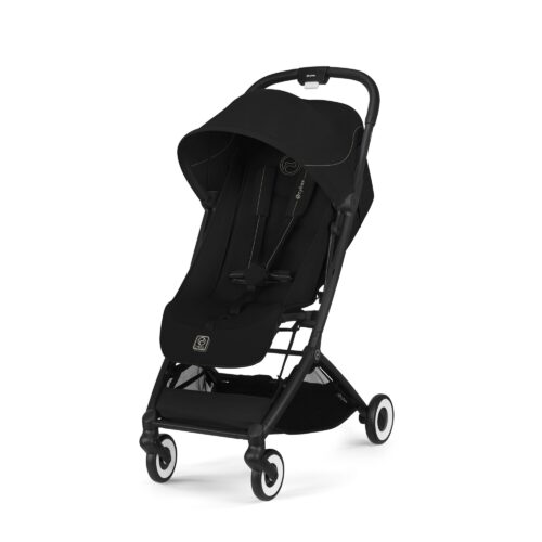 Cybex Orfeo stroller in Magic Black, front view with large canopy and 5-point harness.