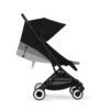 Side view of Cybex Orfeo stroller with adjustable canopy in Magic Black and a reclined seat position.