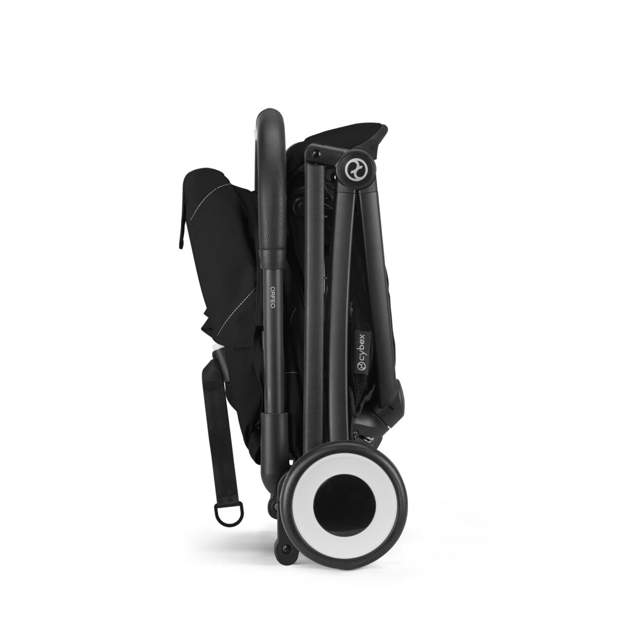 Cybex Orfeo stroller in Magic Black, folded for easy storage with a compact profile.