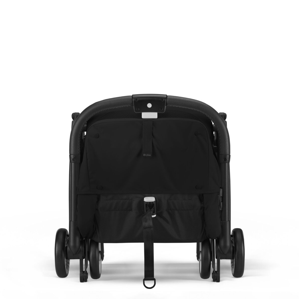 Back view of the Cybex Orfeo stroller in Magic Black with a secured folding strap and reclined seat.