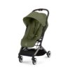 Cybex Orfeo stroller in Moss Green, front view with large canopy and 5-point harness.