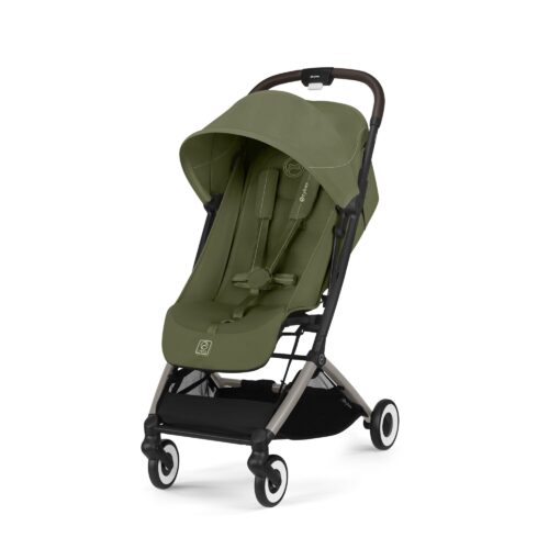 Cybex Orfeo stroller in Moss Green, front view with large canopy and 5-point harness.