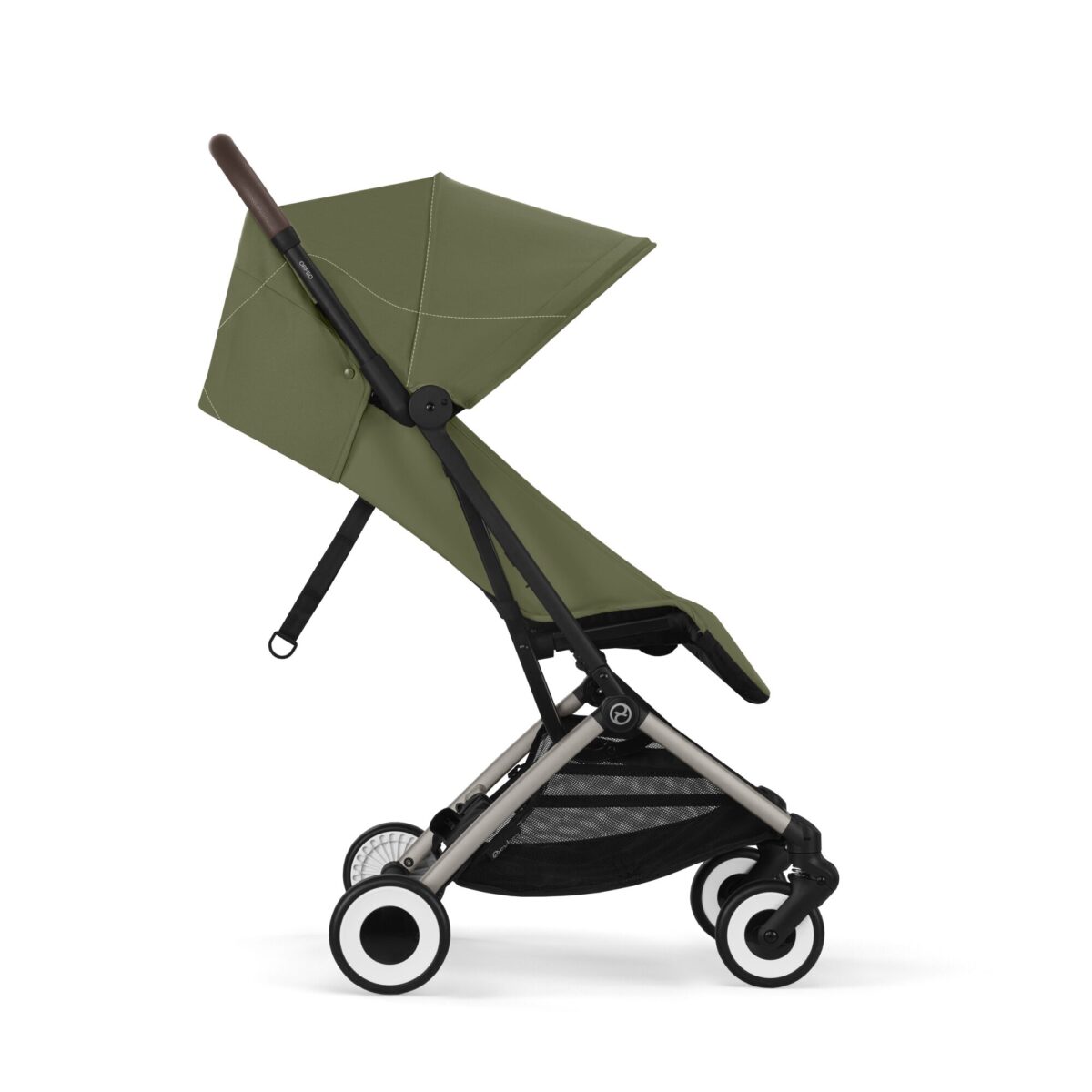 Side view of Cybex Orfeo stroller in Moss Green, showcasing the extended canopy and reclining seat.