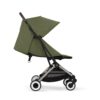 Side view of Cybex Orfeo stroller in Moss Green with a compact design and mesh storage basket.