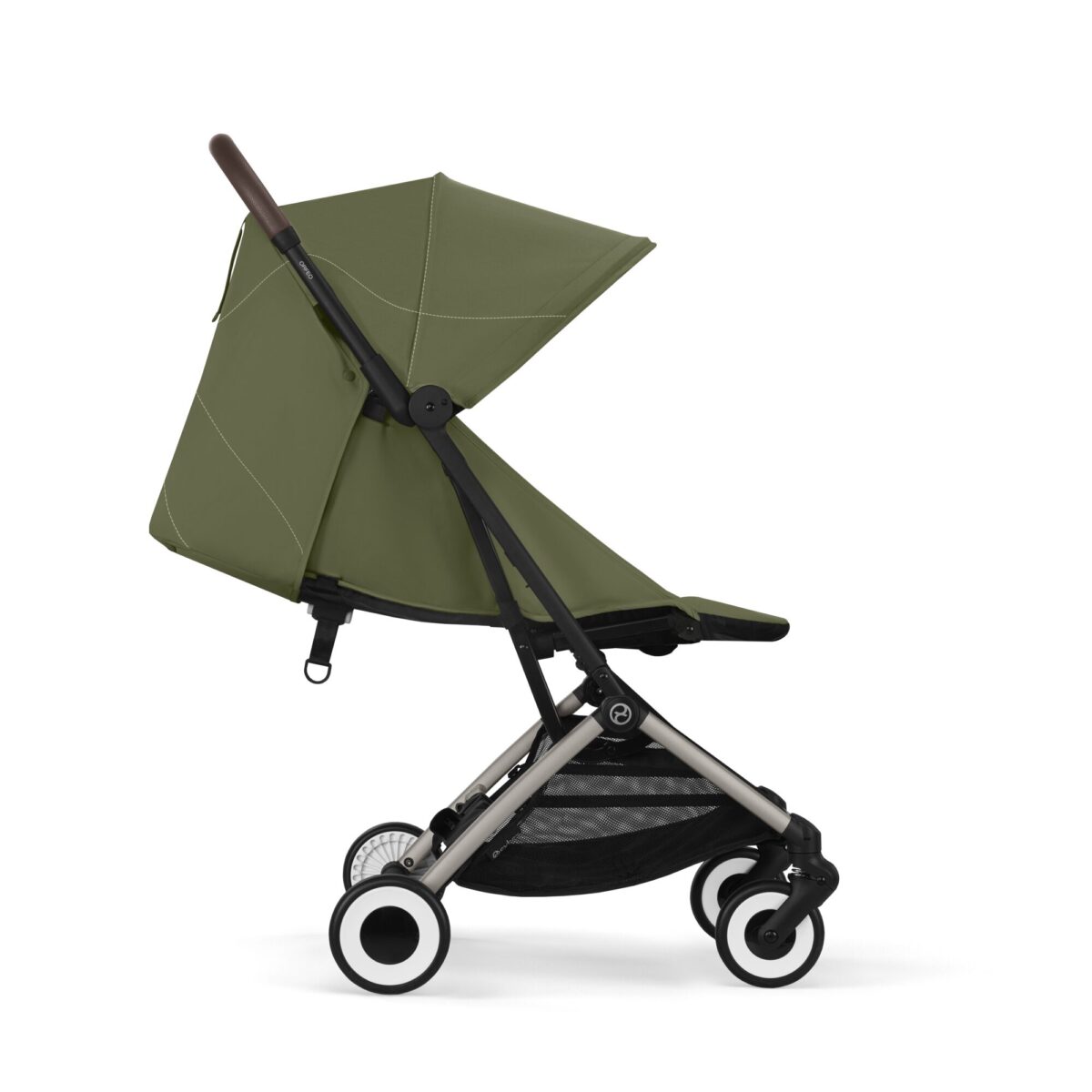 Side view of Cybex Orfeo stroller in Moss Green with a compact design and mesh storage basket.