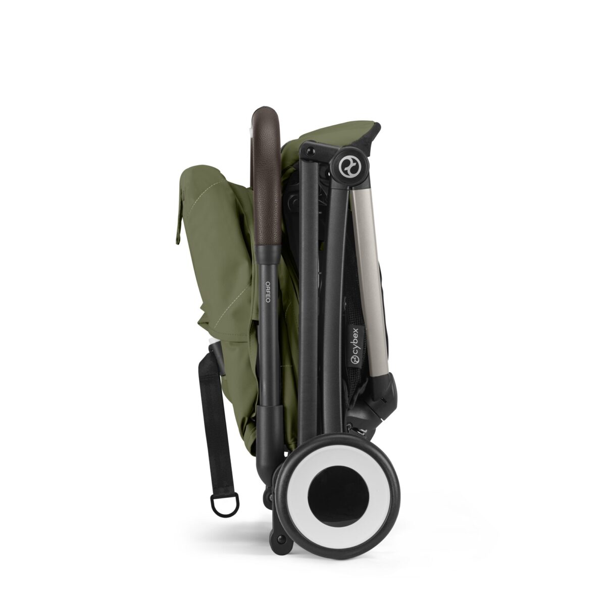 Cybex Orfeo stroller in Moss Green, folded for easy storage with a compact profile.