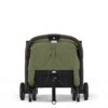 Back view of the Cybex Orfeo stroller in Moss Green with a secured folding strap and reclined seat.
