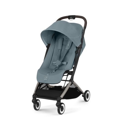 Cybex Orfeo stroller in Stormy Blue, front view with large canopy and 5-point harness.