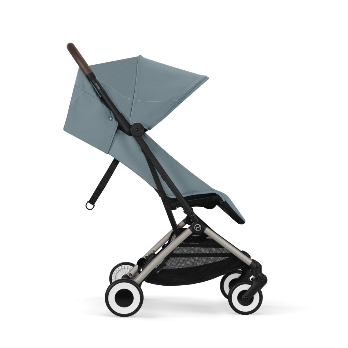 Side view of Cybex Orfeo stroller in Stormy Blue, showcasing the extended canopy and reclining seat.