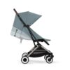 Side view of Cybex Orfeo stroller with adjustable canopy in Stormy Blue and a reclined seat position.