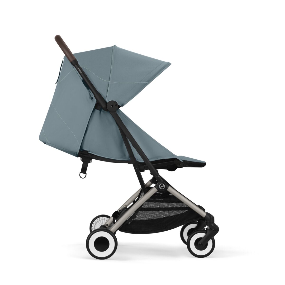 Side view of Cybex Orfeo stroller in Stormy Blue with a compact design and mesh storage basket.