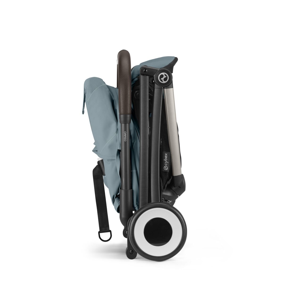 Cybex Orfeo stroller in Stormy Blue, folded for easy storage with a compact profile.