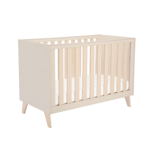 Front-facing image of Babymore Dante Mini Cot Bed in cot form with clean minimalist design.