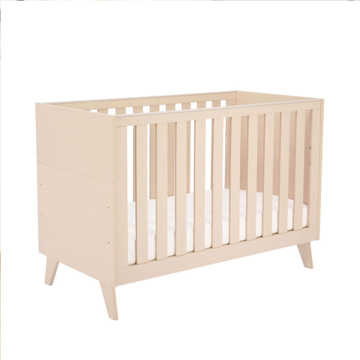 Studio view of Babymore Dante Mini Cot Bed in cot mode with natural wood slats.