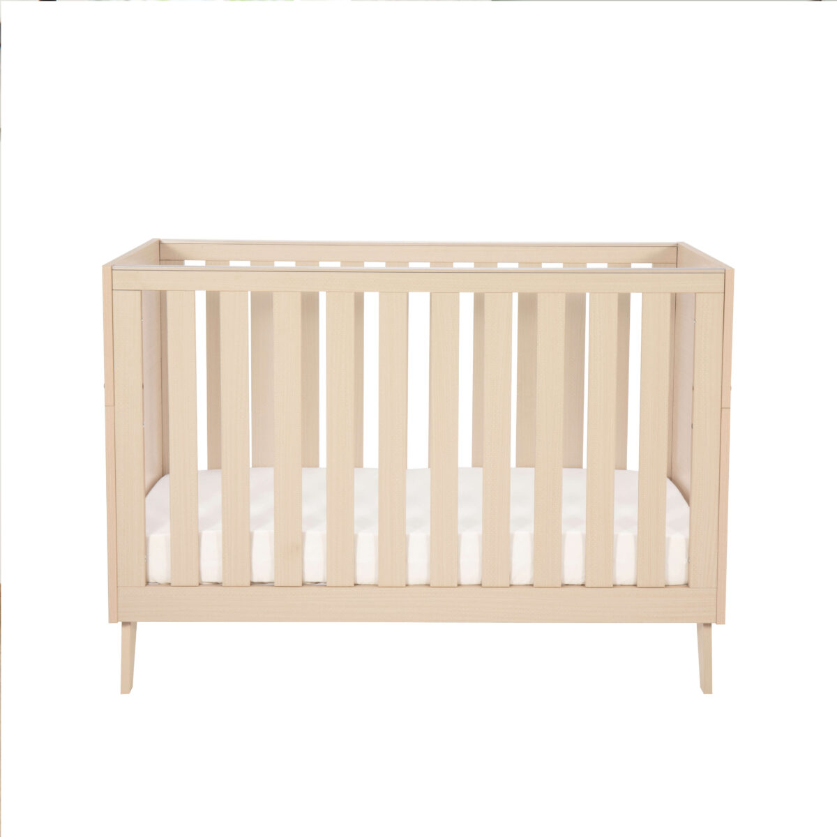 Front-facing image of Babymore Dante Mini Cot Bed in cot setup with white mattress.