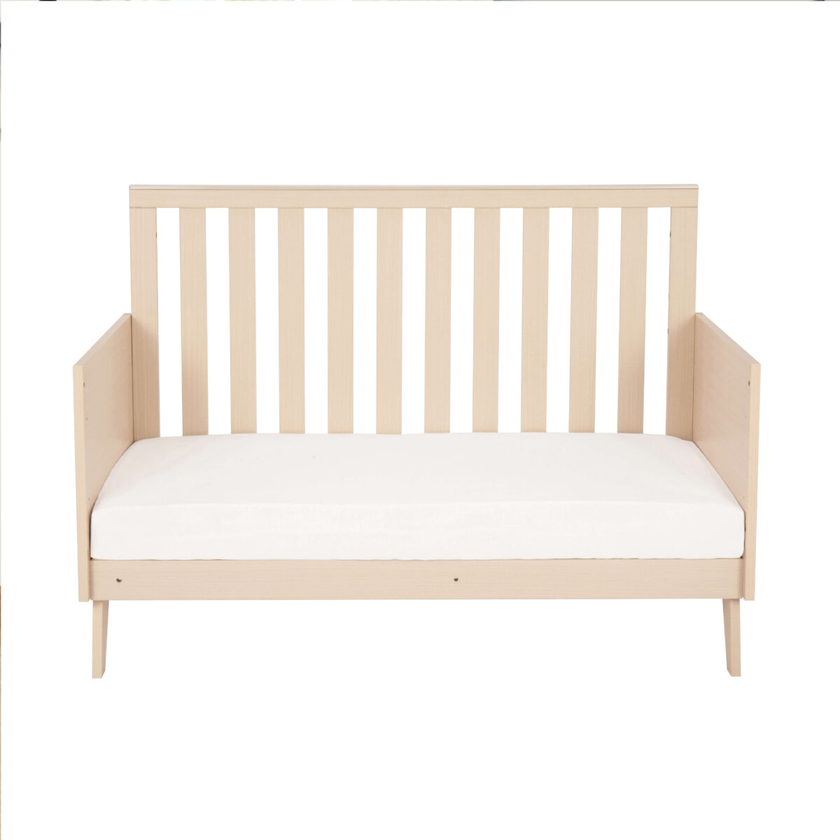 Babymore Dante Mini Cot Bed shown as day bed with natural finish and clean design.