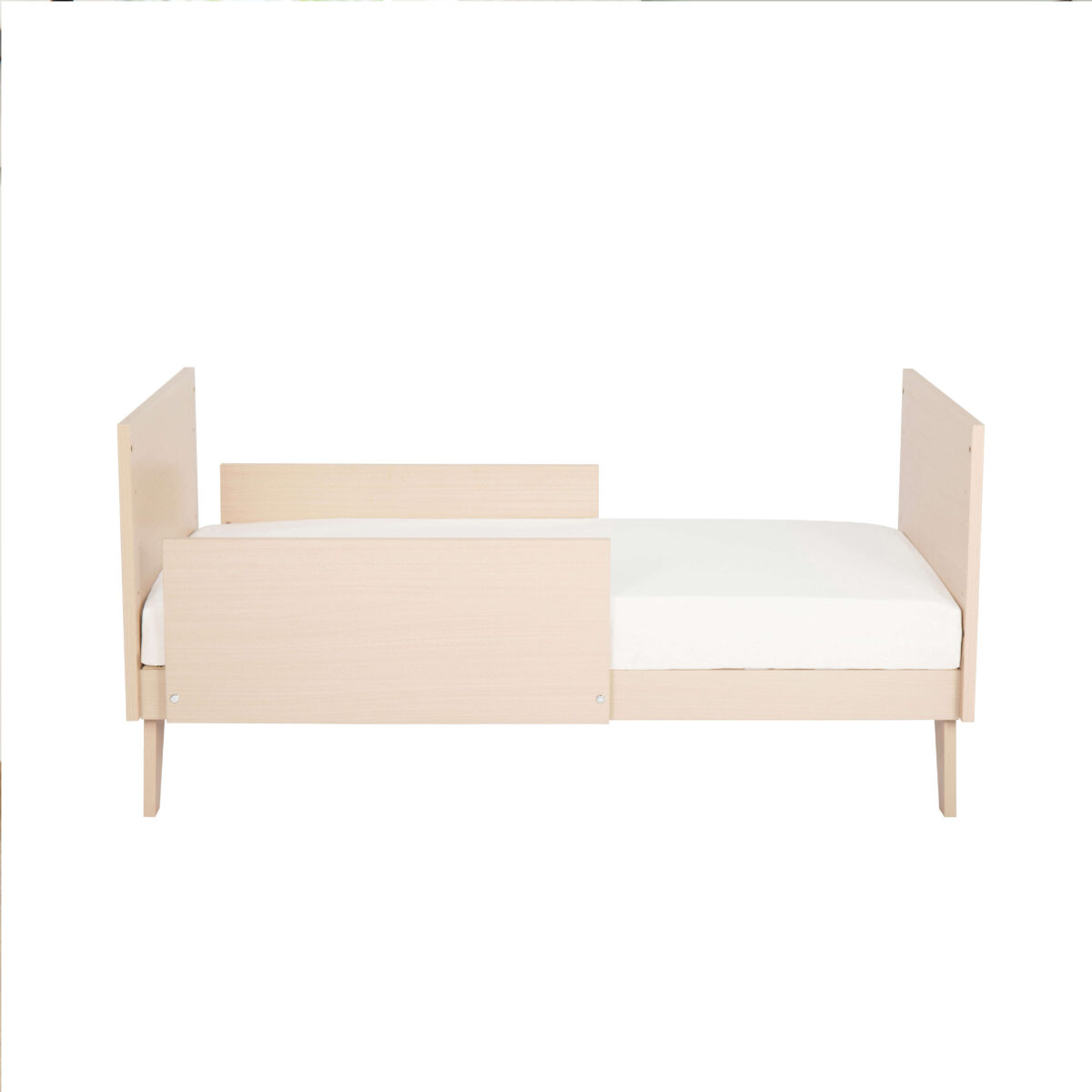 Babymore Dante Mini Cot Bed in toddler mode featuring sleek build and full panel sides.