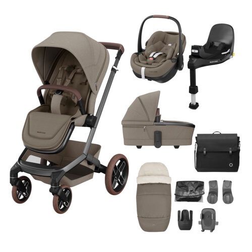 Maxi-Cosi premium bundle in Twillic Truffle with stroller, car seat, carrycot, and baby essentials.