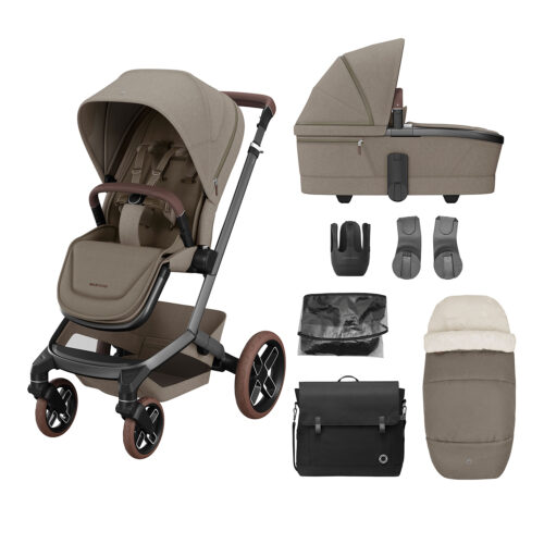 Maxi-Cosi Fame Essential Pushchair & Carrycot Bundle ibn twillic truffle with Brown wheels