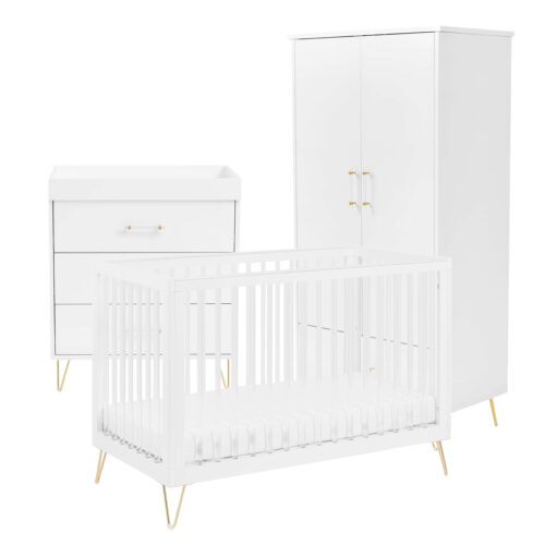 Cot bed, dresser, and wardrobe set shown on white background with matching gold accents.