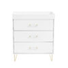 Front-facing white chest changer with three drawers and gold legs, on white background.