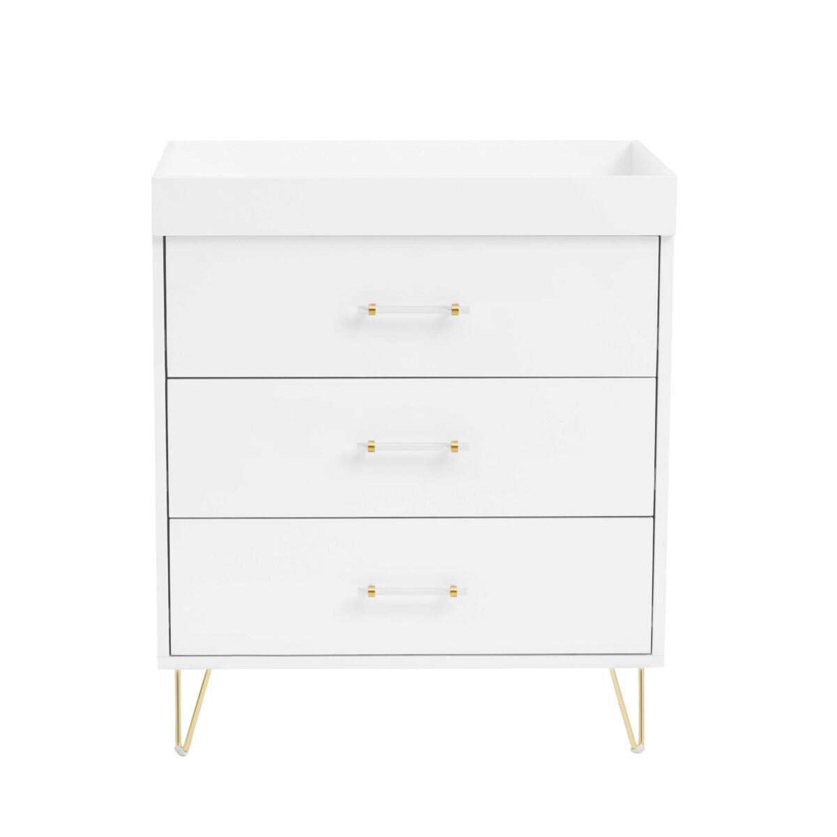 Front-facing white chest changer with three drawers and gold legs, on white background.
