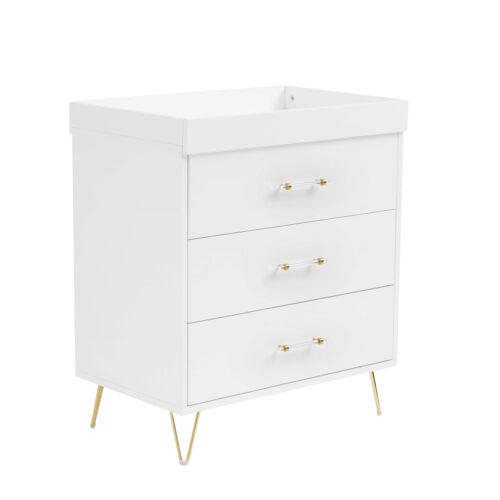 Angled side view of white chest changer with acrylic and gold drawer handles.