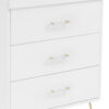 Close-up of white dresser with three drawers fitted with flat acrylic and gold handles.