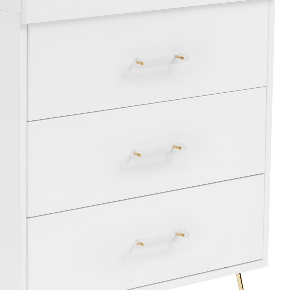 Close-up of white dresser with three drawers fitted with flat acrylic and gold handles.