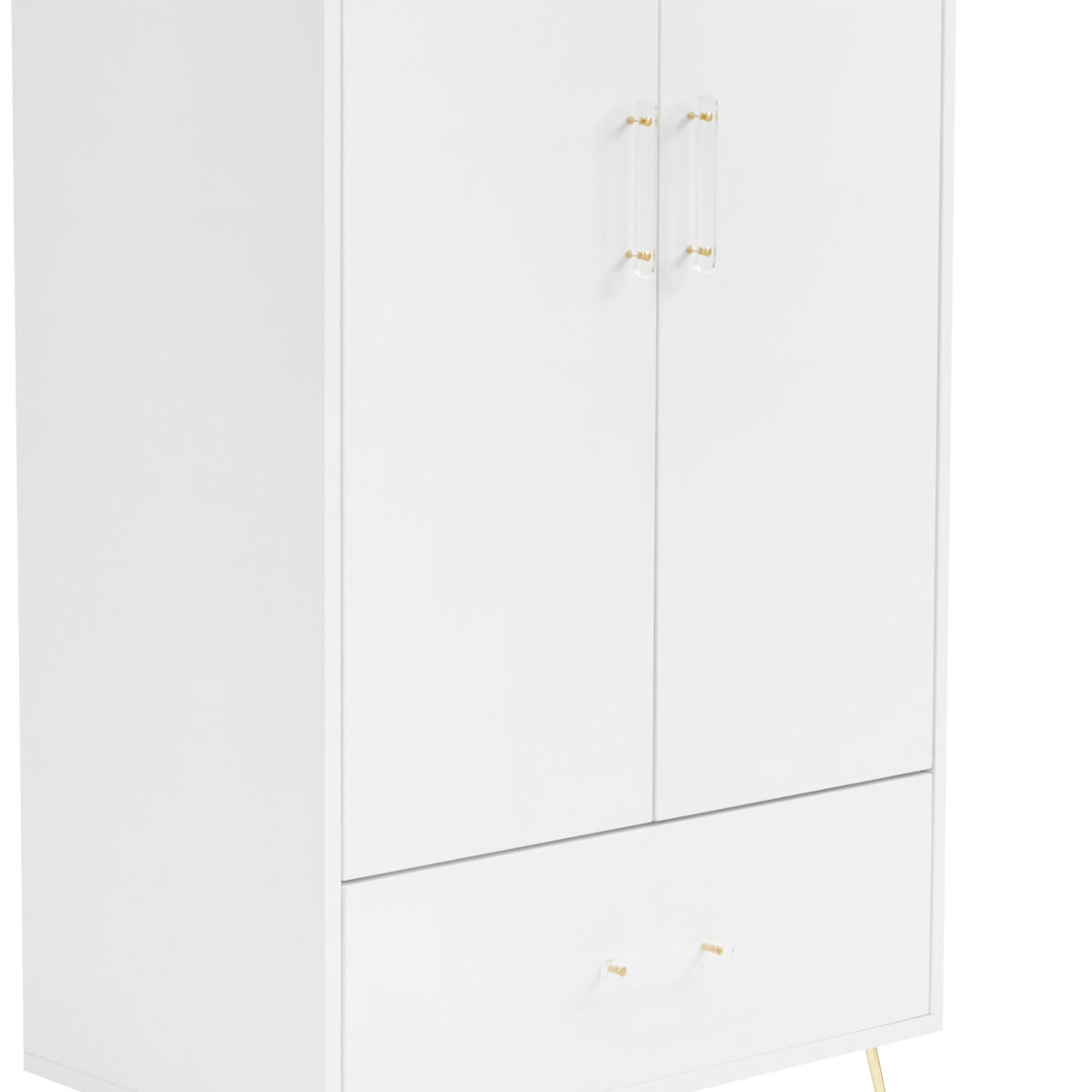 White wardrobe with flat acrylic handles and gold mounts on both doors and bottom drawer.