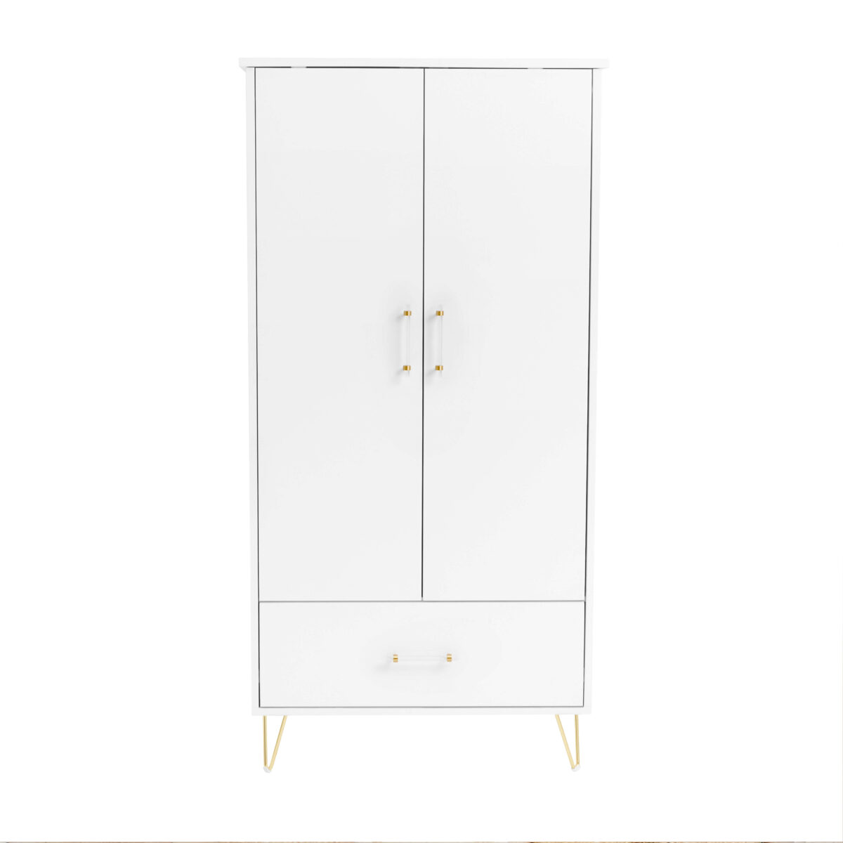 Front view of a closed white wardrobe with gold legs, on a plain white background.